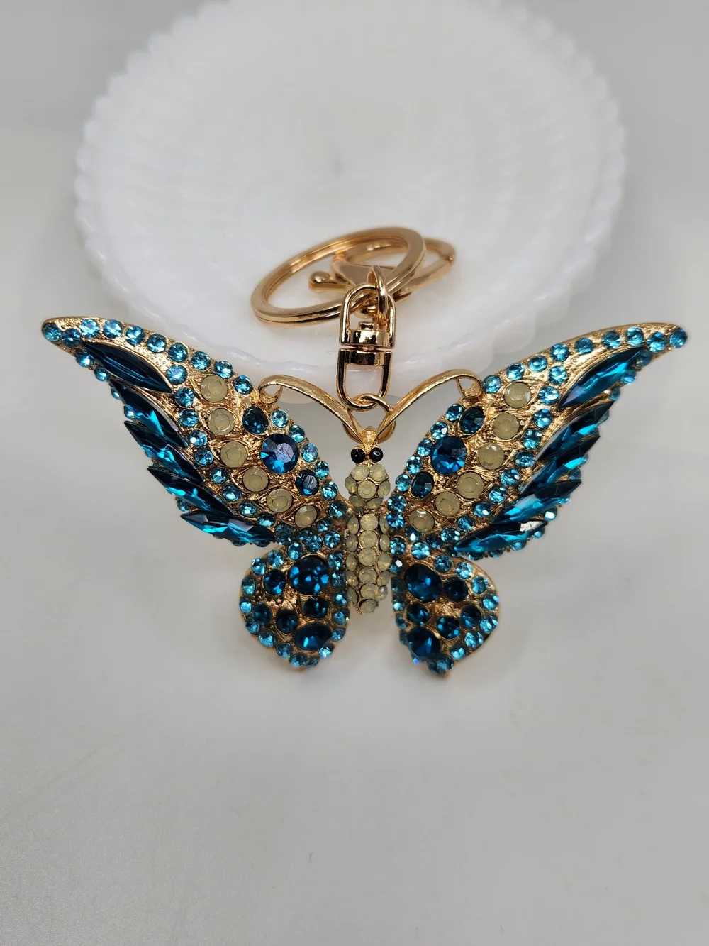 Gold-Tone Blue Crystal Butterfly Keychain Charm
